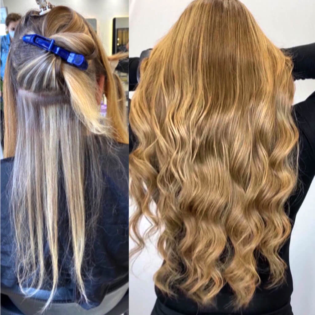 Flat-tip hair extensions before and after