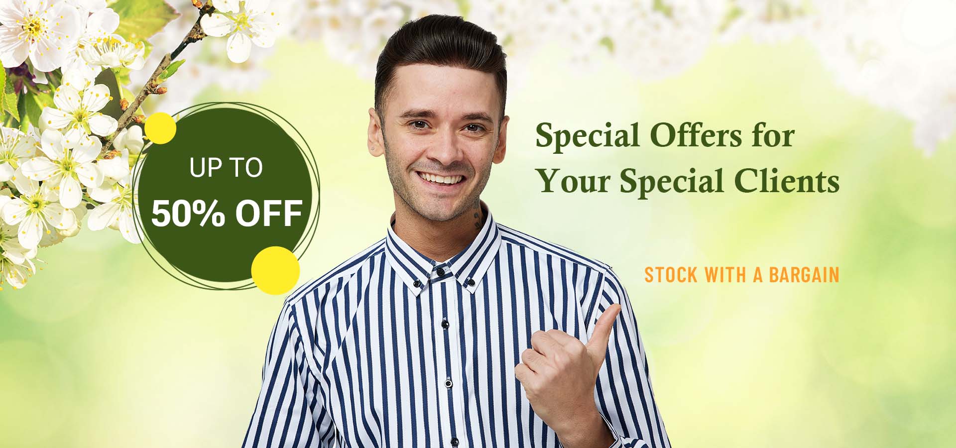 Newtimes Hair banner on the clearance page featuring a smily man wearing a hair system dressed in striped shirt, including discount policies